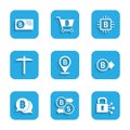 Set Bitcoin, Cryptocurrency exchange, Lock with bitcoin, Pickaxe, CPU mining farm and Credit card icon. Vector Royalty Free Stock Photo