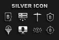 Set Bitcoin, Shield with bitcoin, the target, circuit, Sales funnel, Pickaxe, Mining from tablet and Server icon. Vector