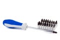 Set of bits for screwdriver. Tool set for household use. Repair concept.Isolated on a white Royalty Free Stock Photo