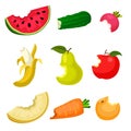 Flat vector set of bitten fruits and vegetables. Natural and tasty food. Healthy nutrition. Design for poster, banner or