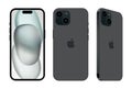Set of Black Apple iPhone 15 mobile phone in different sides, on white background, vector illustration. The iPhone 15 and iPhone