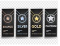 Set of black banners with Gold , Platinum ,Silver and Bronze stars, medal, achievement Royalty Free Stock Photo