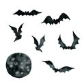 Set of black bats in different poses, moon