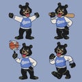 Set of Black Bear Sport Mascot in Vintage Retro Hand Drawn Style