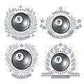 Set of black billiard ball in center of silver wreathes. Sport logo for any curling game