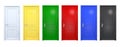 Set of black, blue, red, green, yellow doors isolated on white. Front 3D render of closed and open doorway in different color Royalty Free Stock Photo