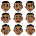 Set of black boy head with various expression