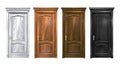 Set of black, brown, gray wooden doors isolated on white. Hard wood vintage doorway with trim, cornice, columns. High resolution