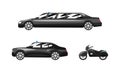 Set of Black Cars Luxury Road Vehicles, Side View of Sedan, Limousine, Motorcycle Flat Vector Illustration