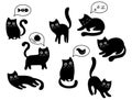 A set of black cats. A collection of cartoon cats for Halloween. Lovely playing black kittens. Vector illustration of