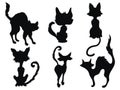 Set of black cats for halloween. Collection of silhouettes of pets. Vector illustration of kittens for children. Tattoo. Royalty Free Stock Photo