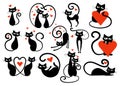 Set of black cats with hearts. Collection of cats in love. Vector illustration for kids. Tattoo. Royalty Free Stock Photo