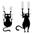 Set of black cats scratching the wall. Collection of silhouettes of cartoon cats climbing the wall. Vector illustration