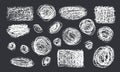 Set of black circle, square, oval, rectangle shapes in crayon texture on a white background. Grunge pencil scribbles in various Royalty Free Stock Photo