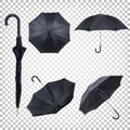 Set of black classic rain umbrellas in different views. Royalty Free Stock Photo