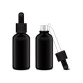 Set of black closed and open bottle with dropper cap for essential oil. Mock up bottle cosmetic or medical vial, flask, flacon 3d Royalty Free Stock Photo