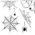 set of black cobweb and hanging spiders isolated on white background. line art of spider webs and spiders for halloween. cobweb