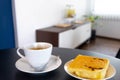 A set of black coffee snacks in a white coffee mug and with bread Royalty Free Stock Photo