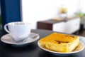 A set of black coffee snacks in a white coffee mug and with bread Royalty Free Stock Photo