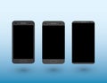 A set of black color modern touchscreen smartphones on light blue background with shadow vector illustration