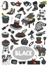 Set of black color objects. Visual dictionary for children about the basic colors Royalty Free Stock Photo