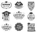 The set of black colored senior text signs with the Graduation Cap, ribbon vector illustration. Class of 2017 grunge