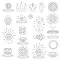 Set of black contour crystals, gems for childish jewelery isolated on white. Vector illustration with editable stroke.