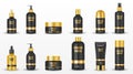 Set of black cosmetic packages with golden cup isolated. Mockup cosmetic containers and jars for cream, shampoo, spray