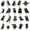 Set of black crow birds isolated on white background. Cute cartoon watercolor illustration of funny ravens. Generative AI Royalty Free Stock Photo