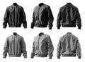 2 Set of black and dark grey gray, unisex bomber jacket with full zip zipper, front back side view on transparent cutout, PNG Royalty Free Stock Photo