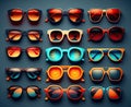 Set of black different retro sunglasses. Flat design. Generative ai Illustration. Isolated on blue background Royalty Free Stock Photo
