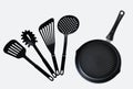 Set of black dishes and  frying pan for cooking. Gray isolate Royalty Free Stock Photo