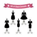 Set of Black Dresses. Vintage dresses on mannequins. Vector.