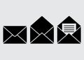 Set of black envelope icons. Closed, open, read mail. Vector
