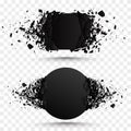 Set of black explosion banners. Square and circle destruction shapes
