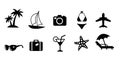 Set of black flat travel and vacation vector icons. Palm tree, sailing ship, camera, bikini swimsuit, plane, sunglasses