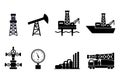 Set of black flat vector oil and gas icons: onshore and offshore drilling signs, drilling rig, sucker rod pump, gas processing