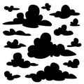 Set of black fluffy clouds silhouettes on white background. Illustration in flat cartoon style. Elements for your design Royalty Free Stock Photo