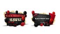 Set of Black Friday discount banners in cartoon style decorated with red and black balloons, bright garlands and presents Royalty Free Stock Photo