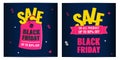 Set of Black Friday event sale modern banners with pink tag on dark background. Advertising campaign concept.