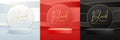 Set of black friday showcase backgrounds with 3d podium and golden wave texture. Royalty Free Stock Photo