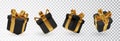 Set of black gift boxes with golden bows isolated. 3d render holiday surprise box. Vector Holiday decorations objects. Royalty Free Stock Photo