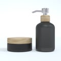 Set of black glass cosmetic cream jar and liquid soap bottle with wooden lids, beauty and care product packaging and Royalty Free Stock Photo