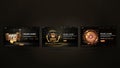 Set of black and gold casino web banners with gold slot machine, neon Casino Roulette and poker chips on dark background