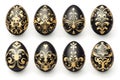 Set of black and golden easter eggs with decorative floral patterns on white