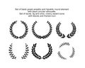 Greek wreaths and heraldic round element with black circular silhouette. set of laurel, fig and olive, victory award icons with Royalty Free Stock Photo