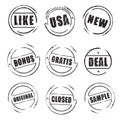 Set black grunge stamps BONUS, LIKE, NEW, DEAL, USA