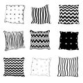 Set of black hand-drawn sketch style pillows - one, two, stack of four, standing, lying, front and side view, vector