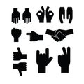 Set of black hands. Different gestures, handshake, signals. Icons and symbols
