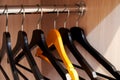 Set of black hangers in the wardrobe with one different orange hanger